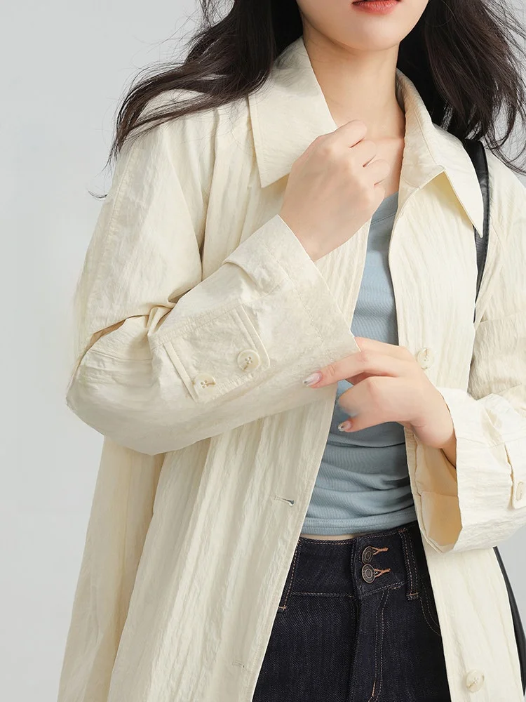 

White Oversized Collar Coat Women Early Autumn Japanese Sle Small Size Loose Slimming Midi Length Pleated Double Button Sle...
