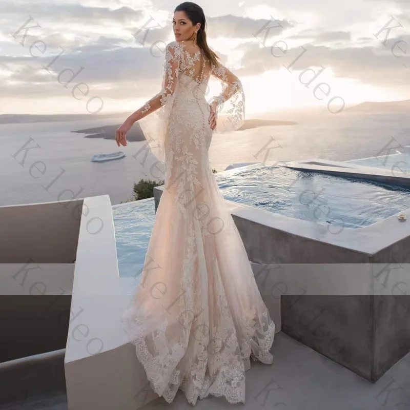Customized Exquisite Scoop Neck Mermaid Long Sleeve Wedding Dresses Fashion Lace Appliques Tulle Open Back Bridal Gowns for 2026