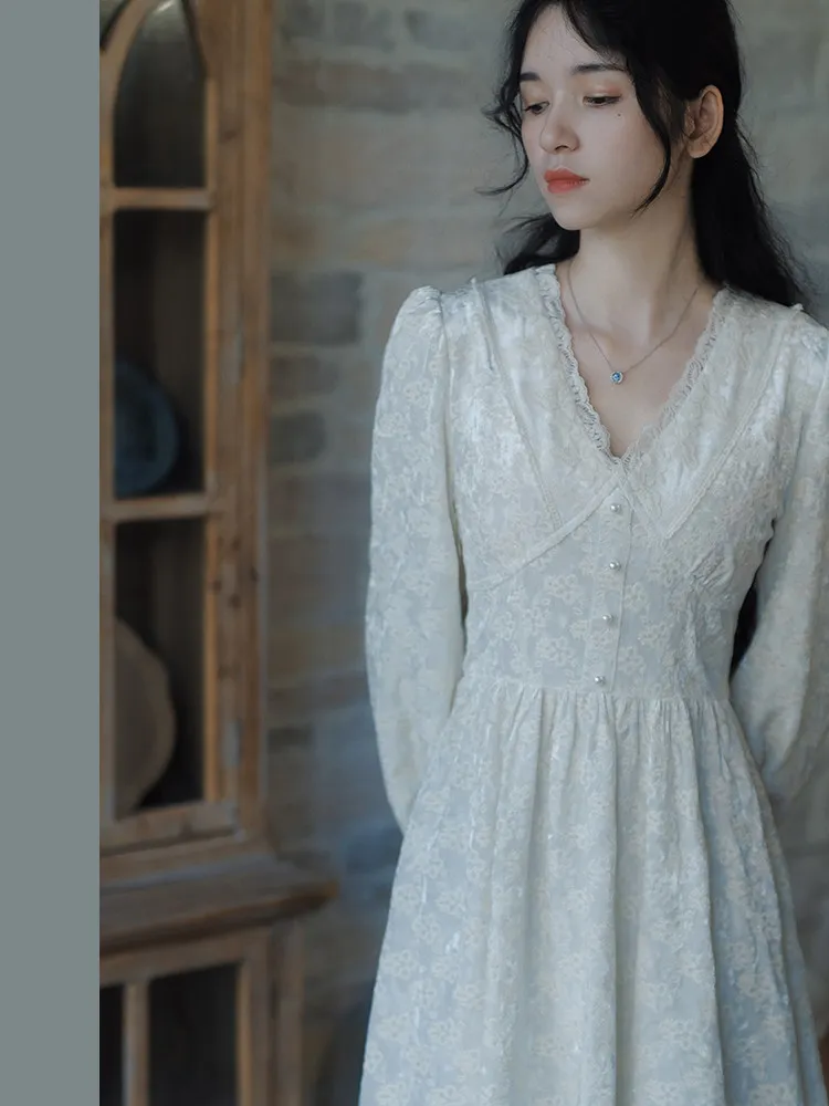 티이하일리 봄 가을 여성 벨벳 레이스 패치워크 드레스 긴팔 롱 미디 기장 여성용 S-L 빈티지 하이웨이스트 2026 V넥