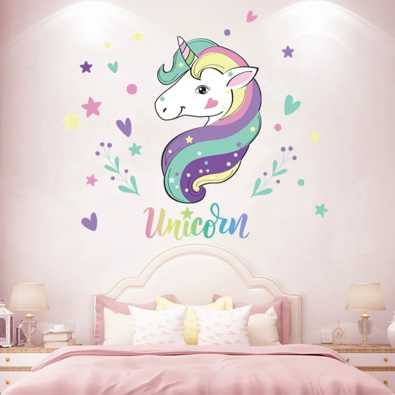 30*60cm Cartoon Rainbow Unicorn Sticker DIY Scrapbooking Girl Bedroom Bedside Wall Decoration Self-adhesive Wall Scene Stickers