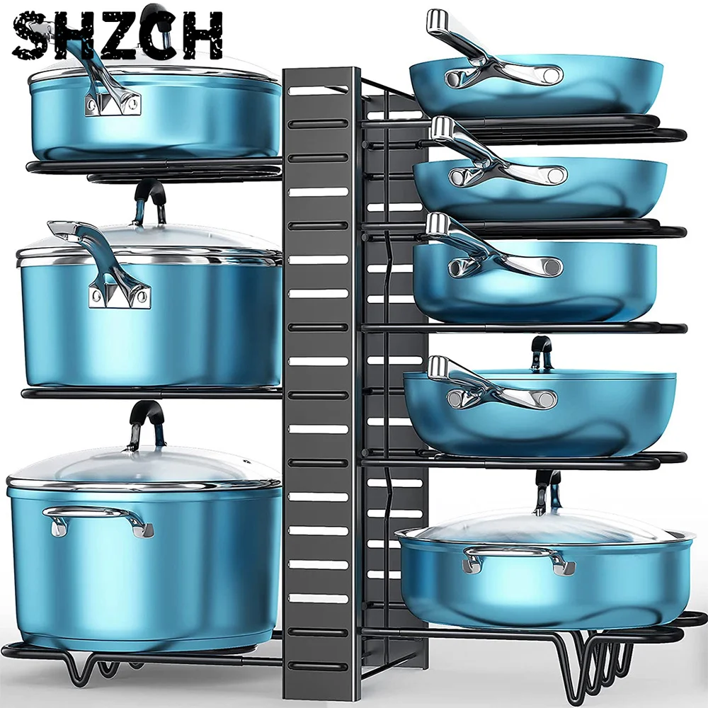 8 Tiers Pan Pot Organizer Rack 3 DIY Methods Adjustable Cabinet Pantry Pots Lids Storage Rack Kitchen Organization