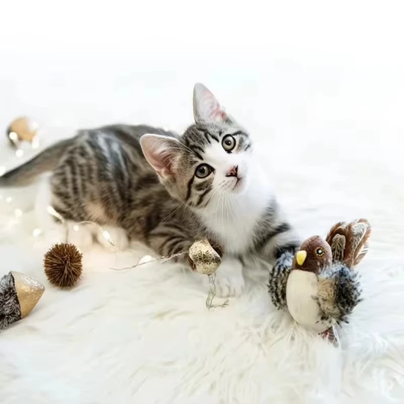 Interactive Plush Cat Toy with Flapping Wings Simulated Chirping Flying Bird and Catnip for Pet Cats
