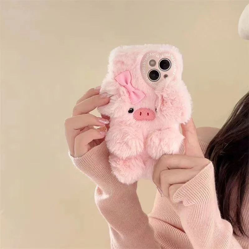 Luxury Pink Piggy Fluffy Fur phone case protection for iPhone 16 15 13 12 11 14 Pro Max XS XR 7 8 Plus X Lovely Pig Plush Coque