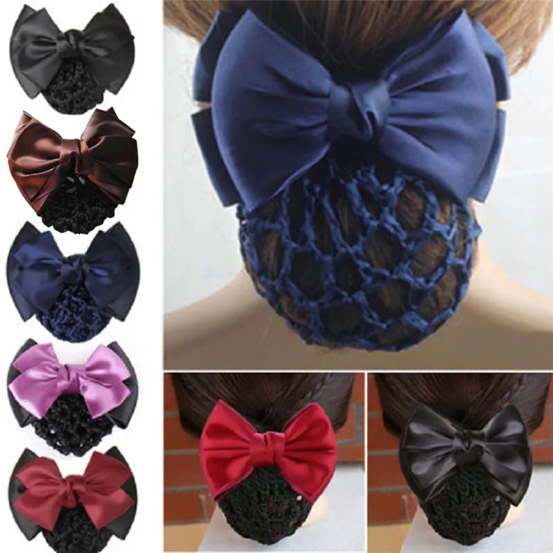 Satynowa kokarda do włosów Siatka do włosów Wstążka Stewardesa Spinka do włosów Pokrowiec na kokę Nakrycie głowy Moda Snood Kobiety Akcesoria do włosów
