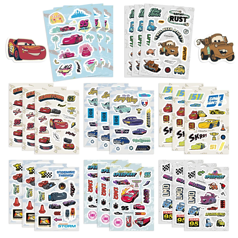 

8/16sheets Disney Cars Anime Lightning Mcqueen Stickers Funny Cartoon Sticker for Kids Toy Notebook Phone Laptop Decals Packing