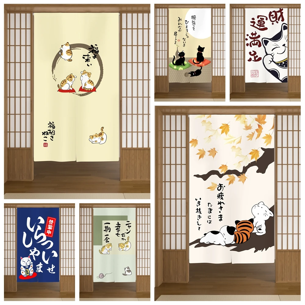 Japanese Noren Curtain Adorable Lucky Cat Pattern Sushi Izakaya Kitchen Entrance Doorway Decoration Hanging Split Half-Curtain