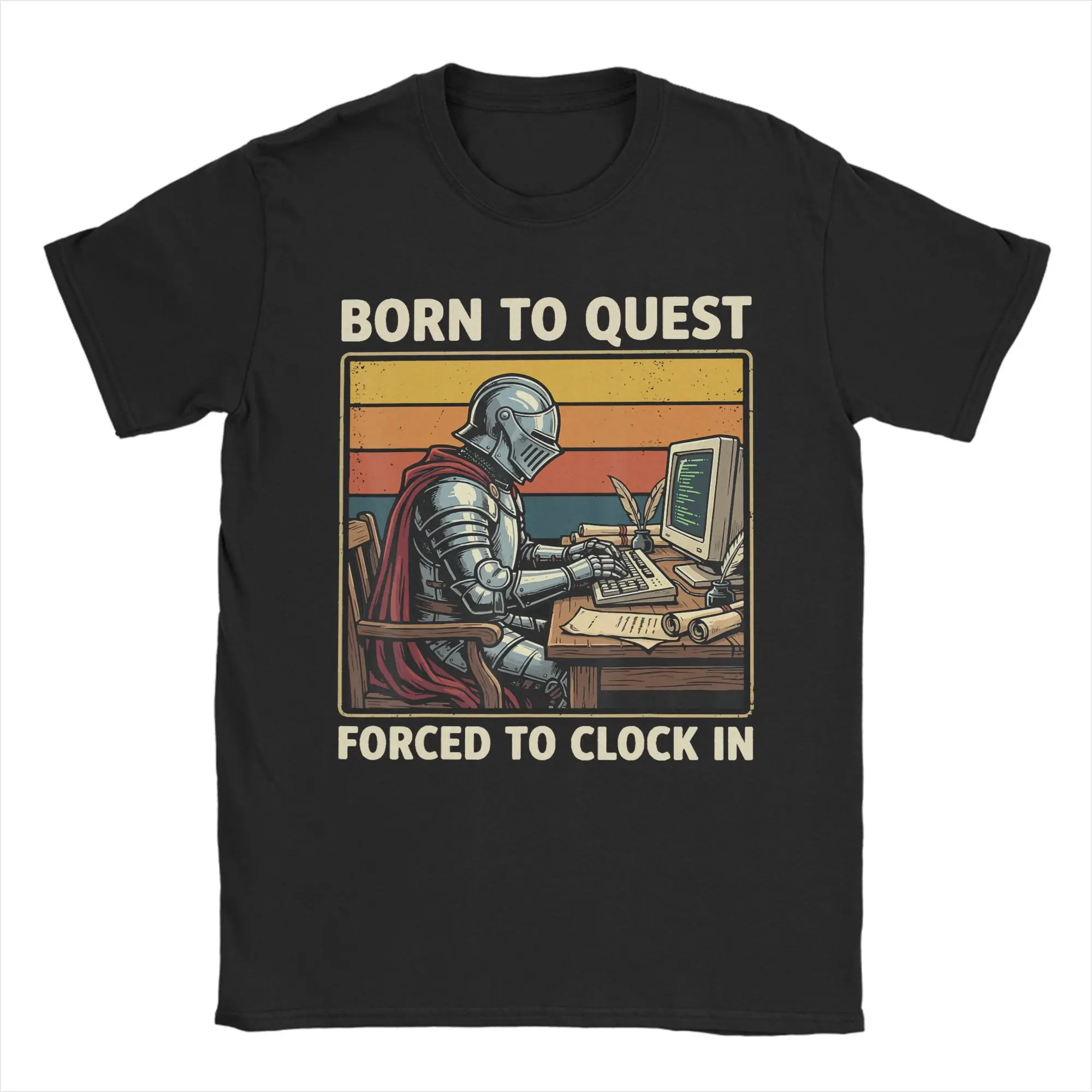 Vintage Born to Quest Forced to Clock in T-Shirts for Men O Neck 100% Cotton T Shirt Funny Knight Short Sleeve Tees 5XL 6XL Tops