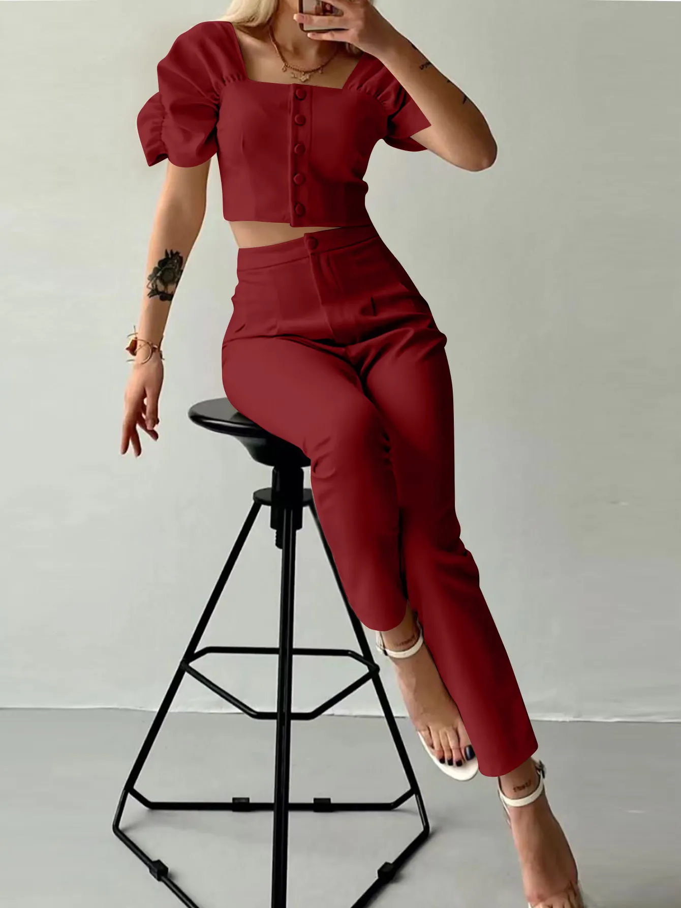 Elegant Women's Office Two Piece Sets Summer Fashion Solid Square Collar Single Breasted Short Sleeve Top & Long Pants Suit