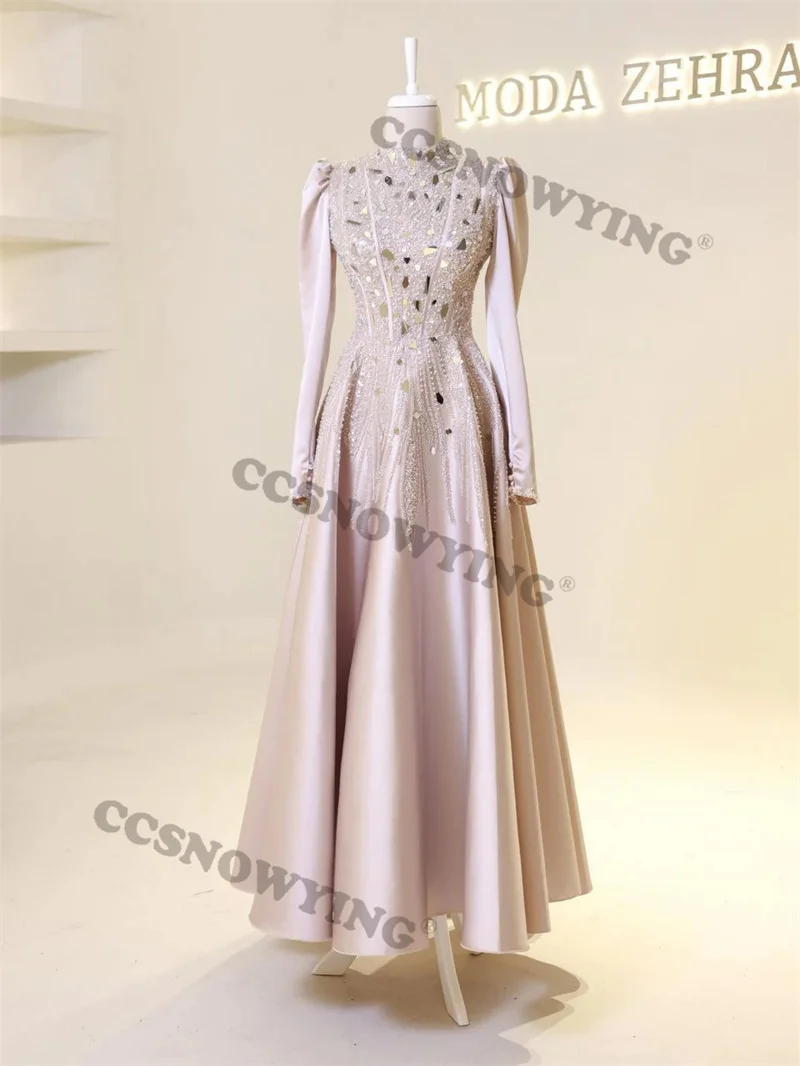 

Appliques Beaded Fashion Muslim Evening Dresses Long Sleeve Islamic Formal Party Gowns High Neck Women Arabic Robes De Soirée