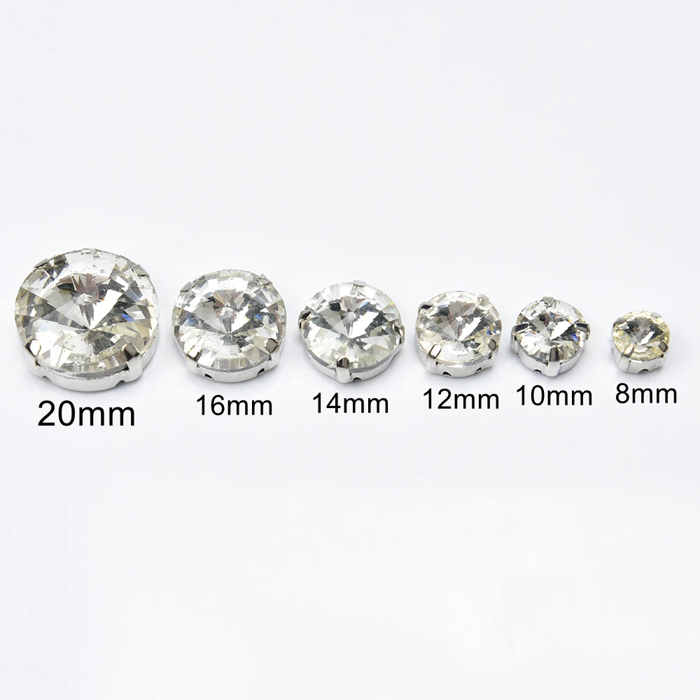 Sew On Rhinestone 8Mm 10Mm 12Mm 14Mm 16Mm 20Mm Mixed Size Glass Crystal Gems Flatback With Silver Claw For Jewelry Craft Clothes