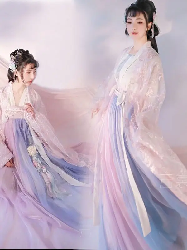 Hanfu กระโปรงผู้หญิงปักลายสดใหม่สีชมพู