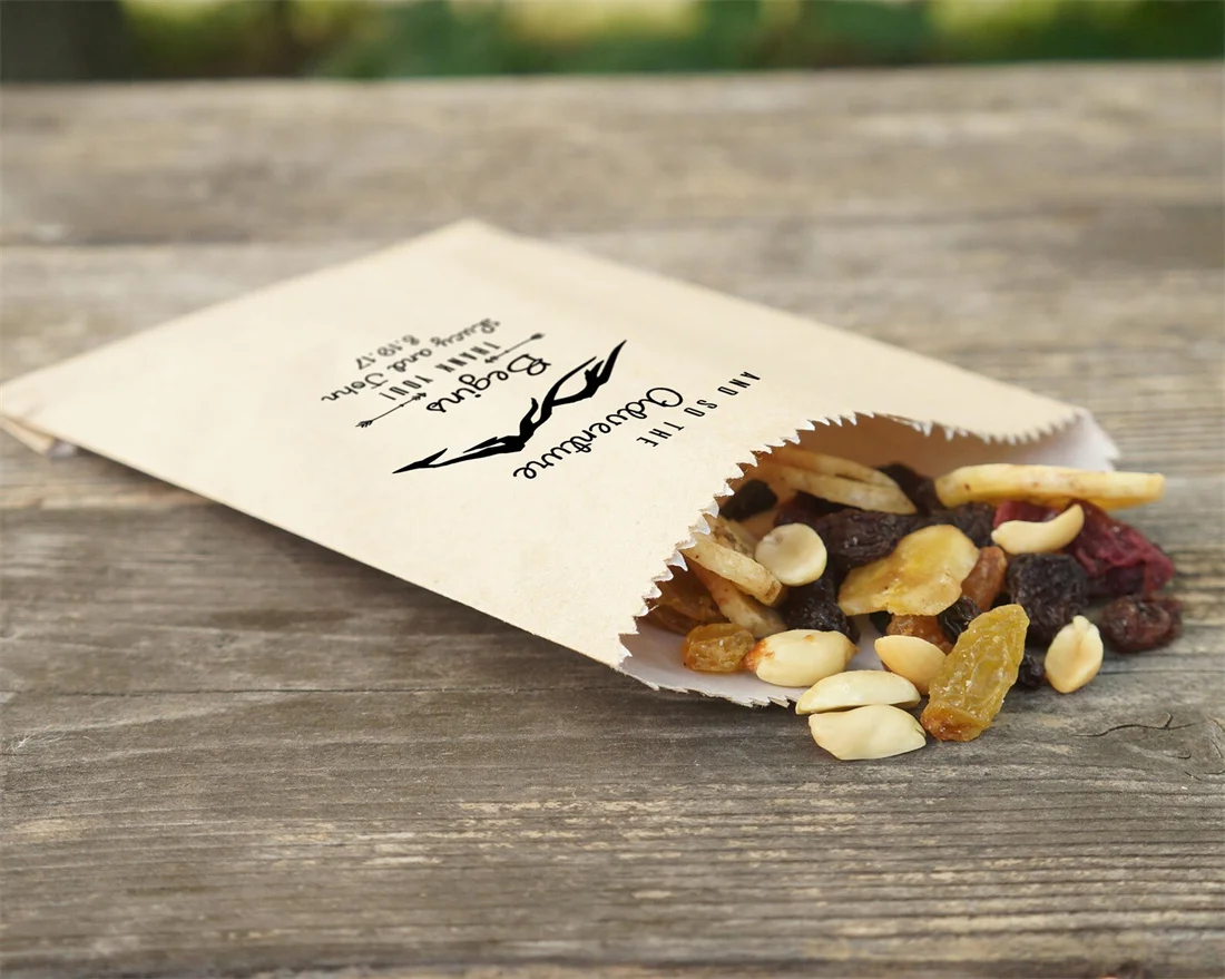 Set Of 50 Trail Mix Favor Bags, Rustic Wedding Sacks, Barn Wedding, Thank You Bags, Kraft Paper - Personalized - Lined, Grease