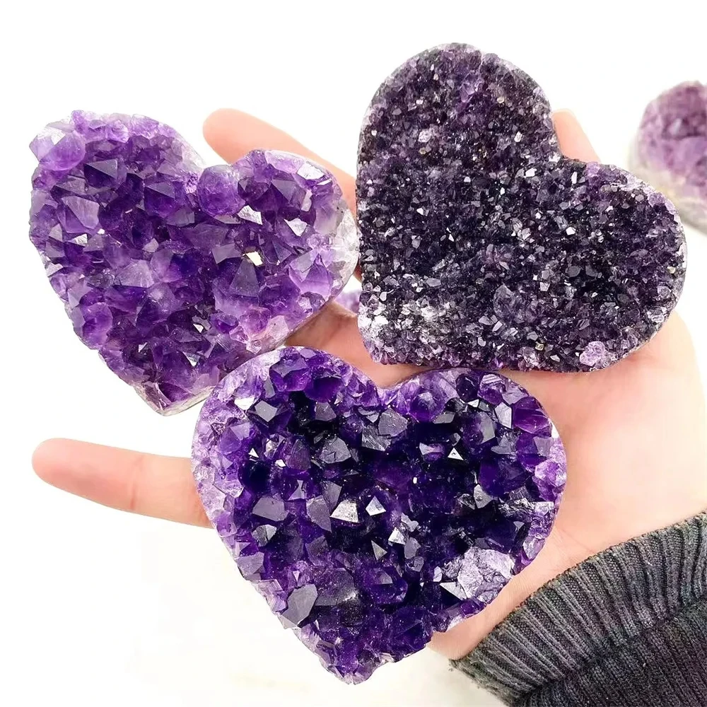 Natural Amethyst Crystal Heart Cluster Raw Ore Healing Crystal Mineral Stone Specimen Gifts Collection Home Aquarium Decoration