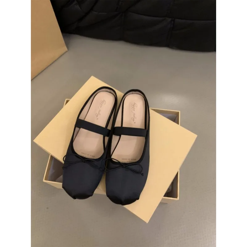 Luxury Lace Tie Leg Satin Silk Ballet Flats Woman Square Toe Bowknot Elastic Band Ballerinas Ladies Wedding Floral Shoes