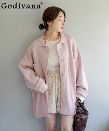 

Japanese Style Girl Sweet Loose Knitted Sweaters Women's Autumn and Winter Loose Basics Pink Knitted Cardigan Coat Jacket Top