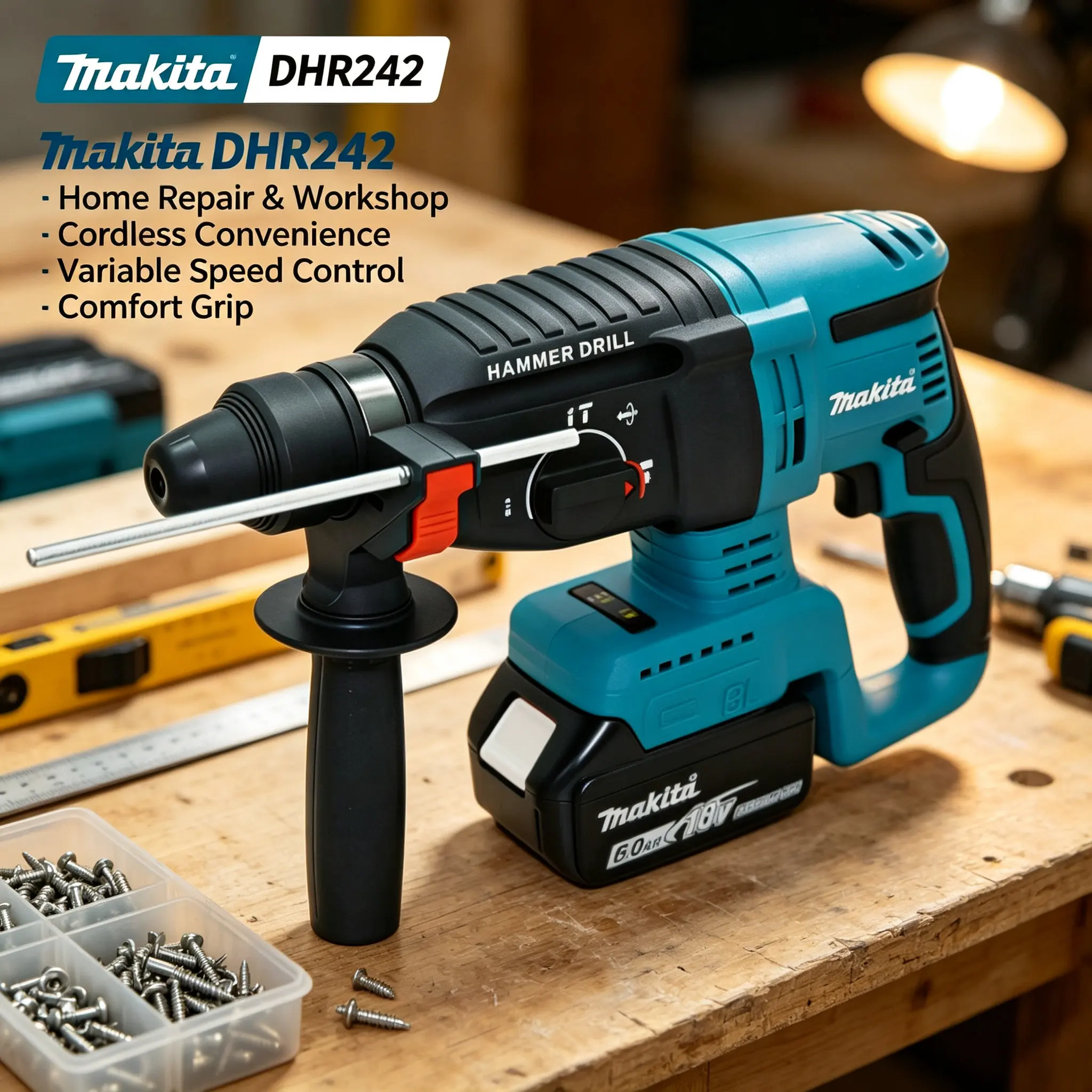 Original Makita DHR242 18V Akku-Bohrhammer, Rotationsart, 13,5 m/s² geringe Vibration, weniger Ermüdung des Bedieners bei längerem Bohren in Betonwänden.
