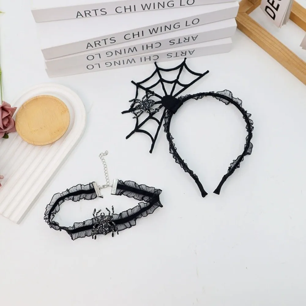Personalità nera Halloween fascia per capelli maglia cava collana set puntelli cosplay volant ragnatela fascia per capelli ragazza