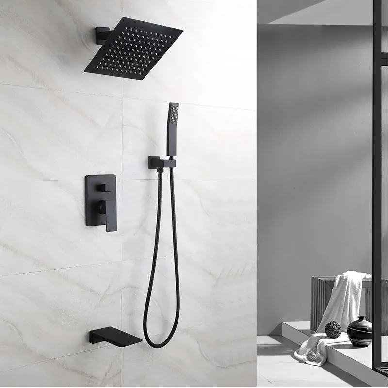 AMAXO Bathroom Concealed Shower Mixer Black Square Shower Faucet 3 Ways Complete Rainfall System Shower Set