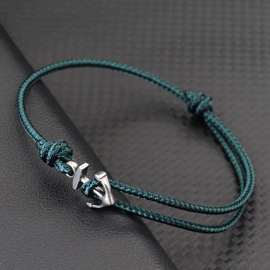 Pulsera de cuerda Simple de grado A de 2mm para hombres y mujeres, pulsera de cordón fino ajustable hecha a mano con ancla de acero inoxidable, joyería de la suerte para parejas