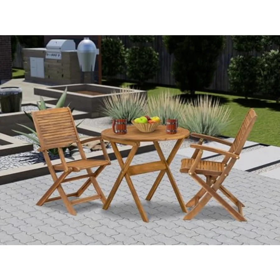 3-teiliges Terrassen-Bistro-Set für den Außenbereich mit rundem Couchtisch aus Akazienholz und 2 Klappsesselstühlen, 30 x 30 Zoll, Natur