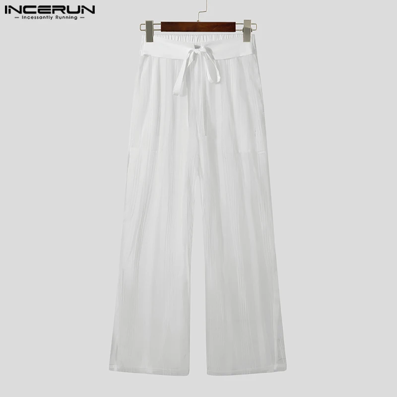 INCERUN American Style Pantalons Men Stylish See-through Striped Long Pant Sexy Leisure All-match Thin Drawstring Trousers S-5XL