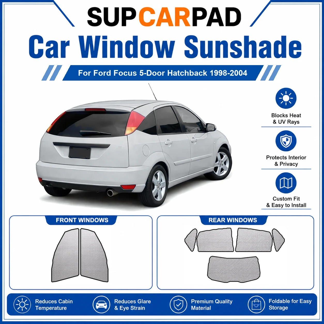 For Ford - Ford Focus 5-Door Hatchback 1998-2004 Full Set Car Window Sunshades UV Block Privacy Heat Insulated Foldable Car Curt
