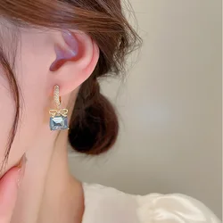 925 Silver Needle Earrings Korean Edition Square Crystal Temperament Butterfly Knot Net Red Simple And Versatile Small Earrings