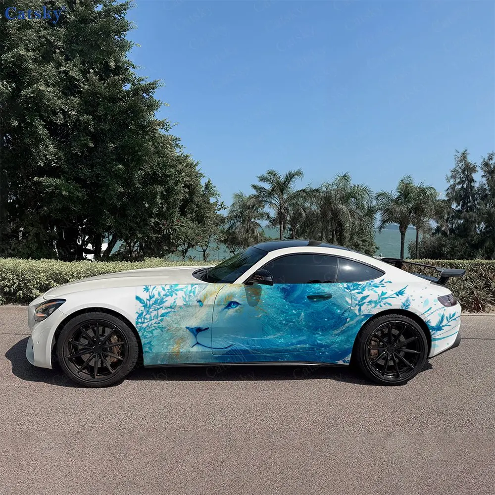 2pcs Blue Crystal Foliage Spirit Lion Car Side Wraps, Self-Adhesive PVC Waterproof & Scratch-Resistant Stickers, Car Accessory