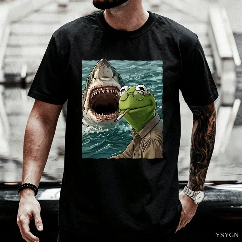 Frog Shark Pattern Pure Cotton Printed Men's and Women's Personalized Loose T-shirt Summer New Fashionable Round Neck T-shirt