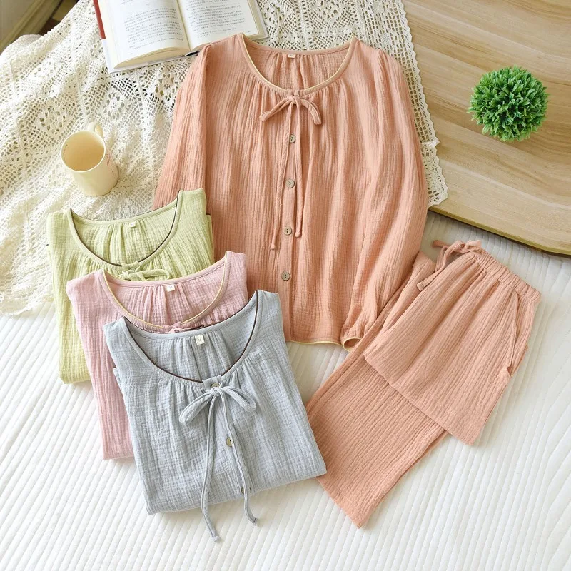 

2025 женский весенне-осенний новый пижамный комплект из 100% хлопка, креп с круглым вырезом, однотонный комплект домашней одежды с пряжкой, одежда для сна