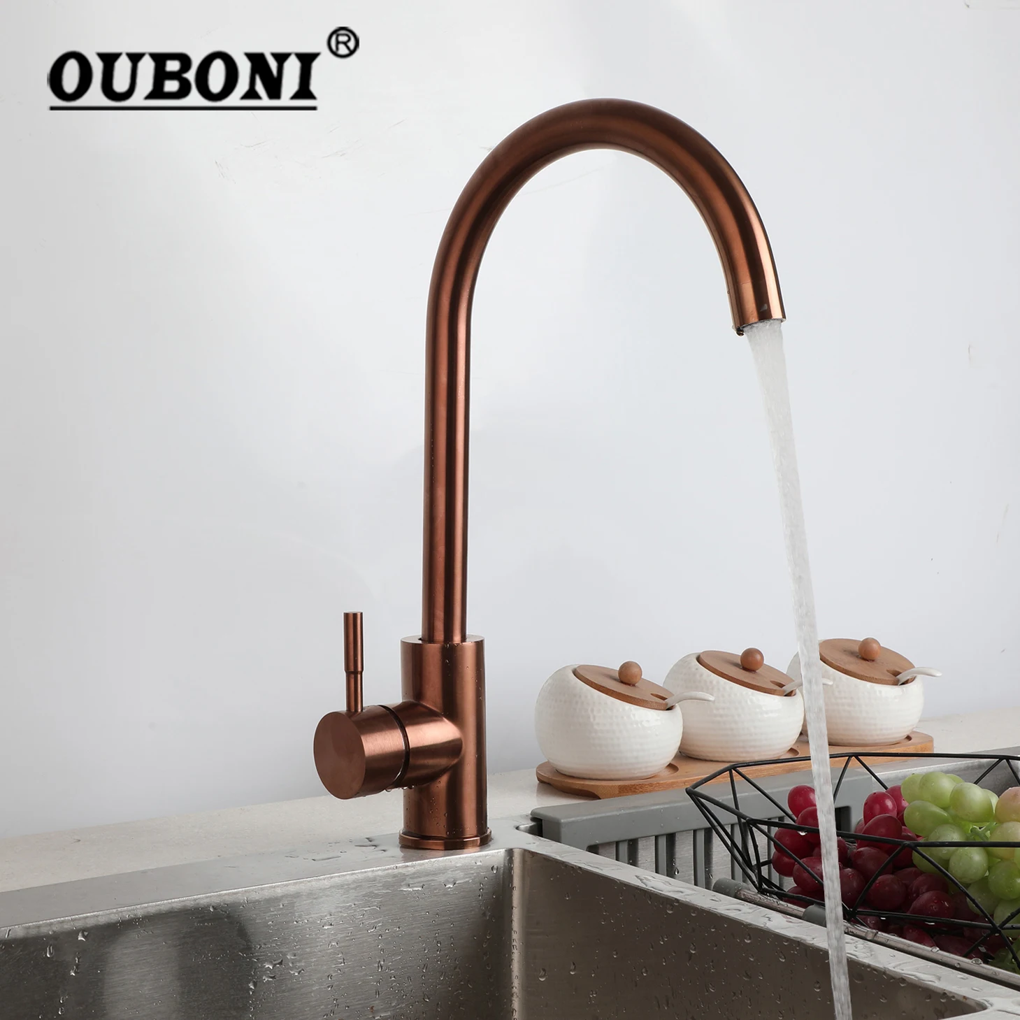 

OUBONI Kitchen Sink Faucet Red Antique Copper Single Handle Stream Spout Outlet Hot Cold Water Mixer Taps Deck Mounted Faucets