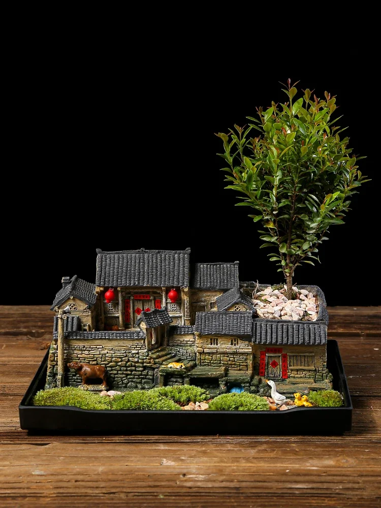 Micro Landscape Old House Flower Pot Resin Landscape Chinese Retro Creative Pot Indoor Outdoor Garden Desktop Decoration Medium