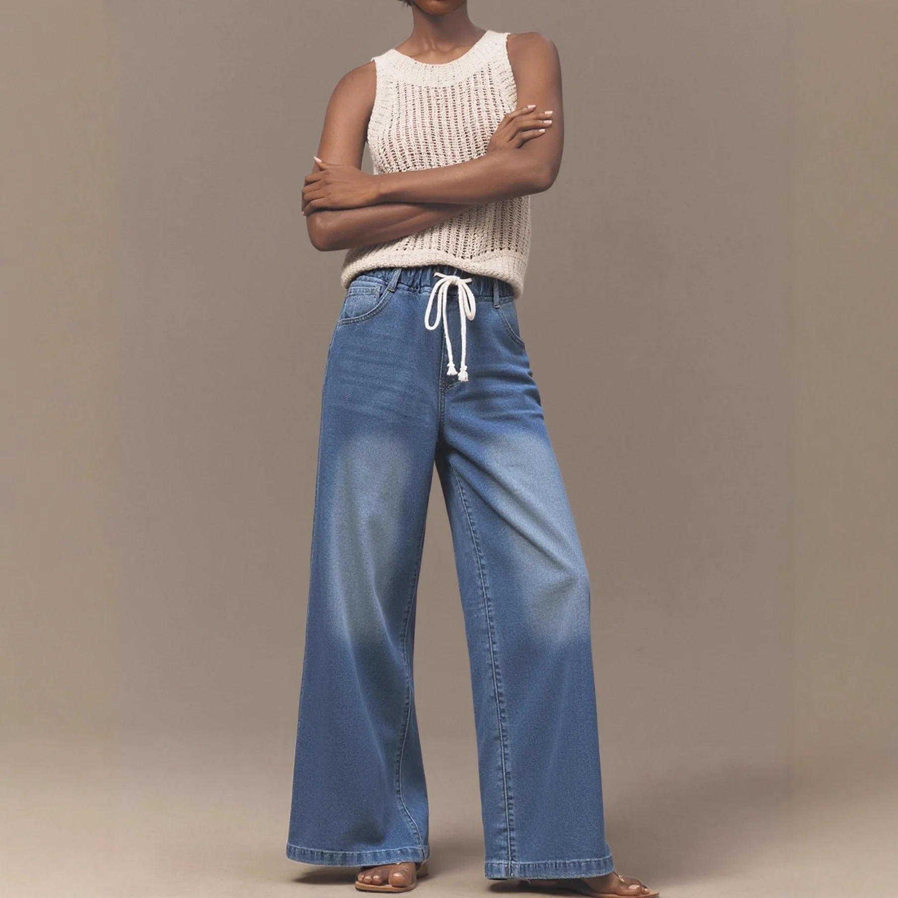 

Women's Jeans Loose Design Niche Drawstring Elastic Waist Straight Wide Leg Pants