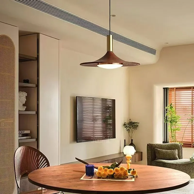 

Japanese Restaurant Pendant Light Minimalist UFO Bar Counter Light Walnut Wood Creative Bedroom Bedside Pendant Light for