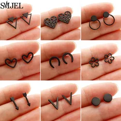 Punk Stainless Steel Geometric Earings Black for Women Men U Shaped Earrings Circle Heart Flower Triangle Ear Studs HipHop Gifts