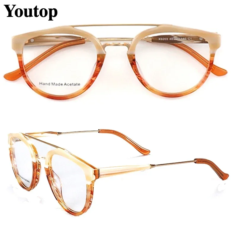 Vintage kobiety okrągłe oprawki do okularów męskie okulary optyczne ramki podwójny mostek Retro okulary korekcyjne brązowe klasyczne modne