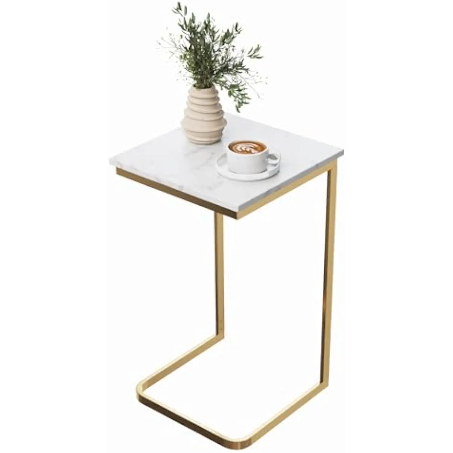 

C-Shaped End Table - Real Marble Side Table with Gold Iron Frame for Couch, Loveseat, or Bed - Modern Living Room Furniture (W