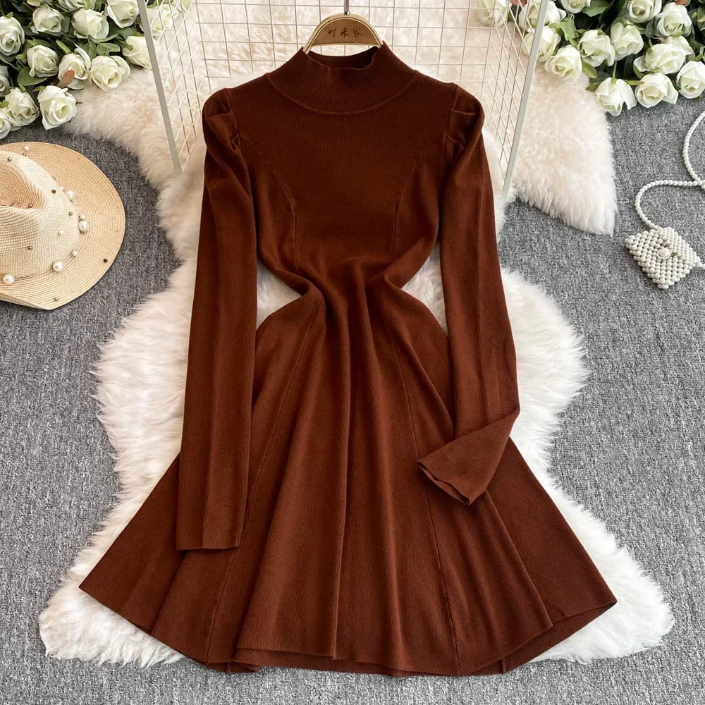 Vintage Long Sleeve Elegant Half High Collar Slim Knit A-line Dresses Women Korean Evening High Street Autumn Winter Clothing