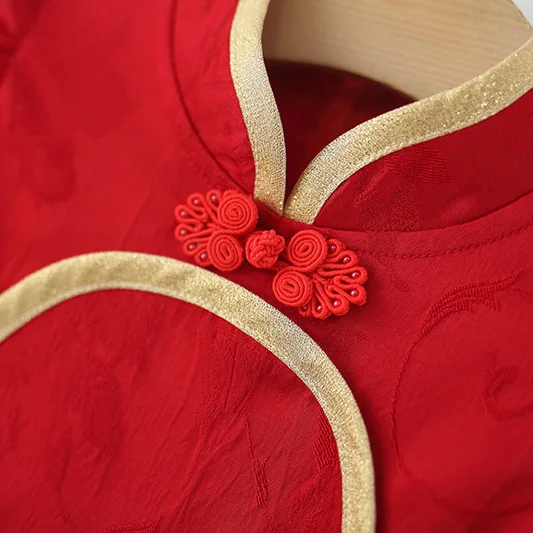 2025 autumn new semicircle national style dress, girls'  long-sleeved red cheongsam dress