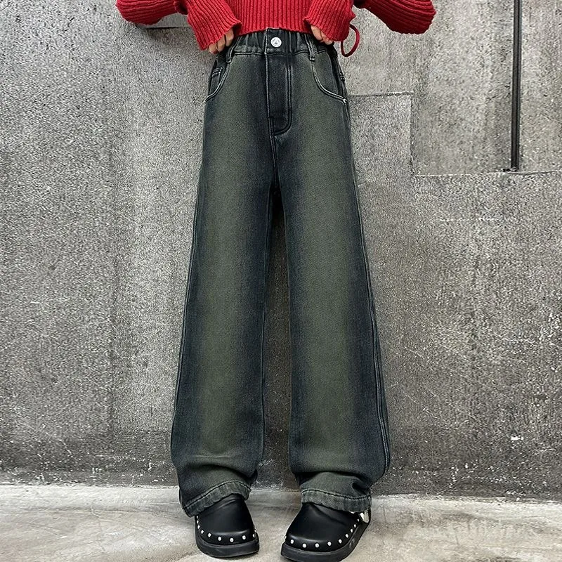

Girls' Aolichong Velvet Wide-Leg Denim Jeans 2025 New Style Loose Straight-Leg Pants for Medium/Large Kids Spring/Autumn
