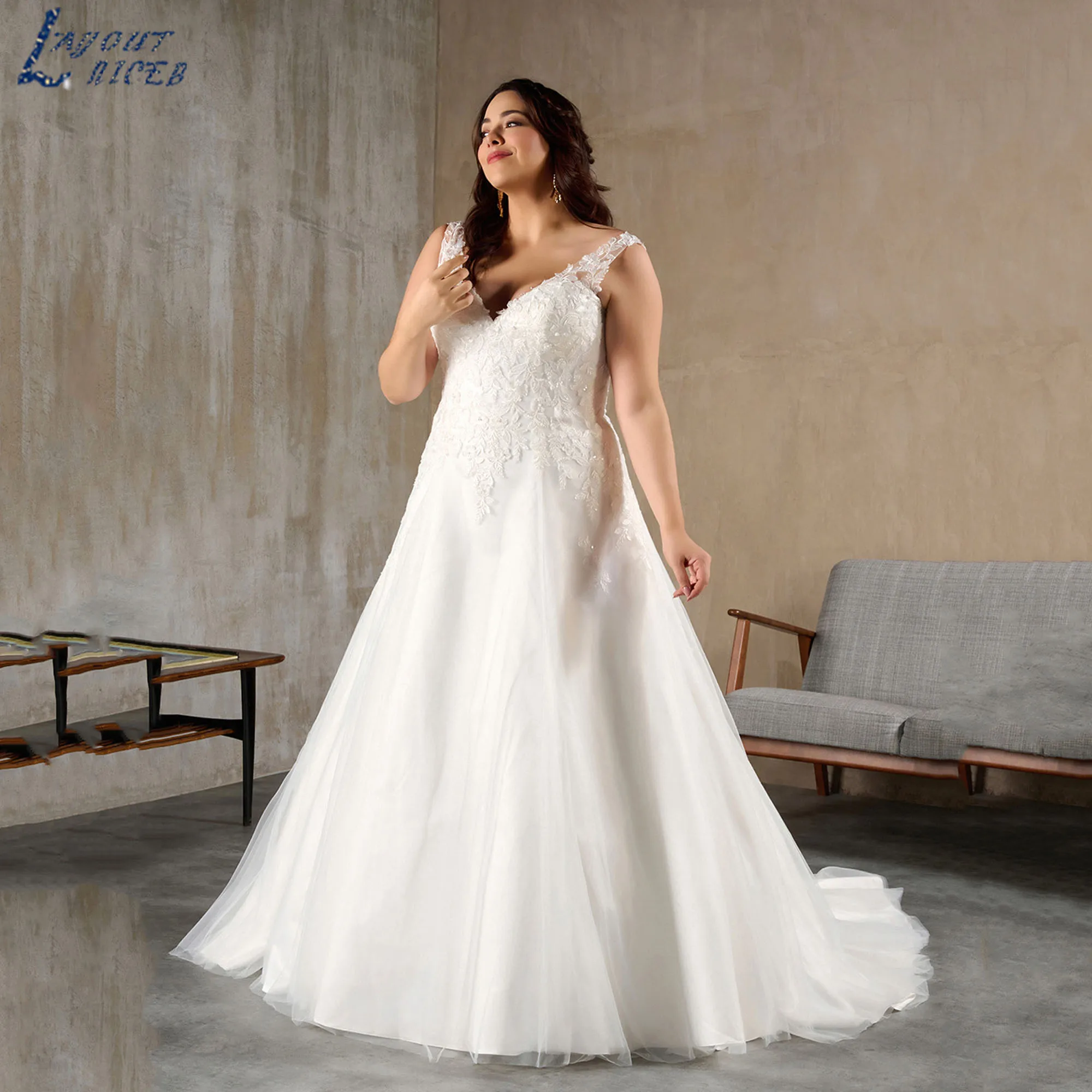 

Large Size Wedding Gowns Modern V-neck A-line Tulle Lace Appliques Bridal Dress Sleeveless Backless vestidos de novia Customized