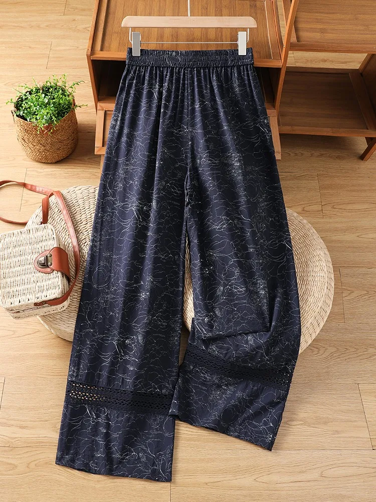 Korean Style Lace Tie High Waist Draped Pure Cotton Wide Leg Pants Women Summer Great Hollow out Splicing Casual Flower Pants