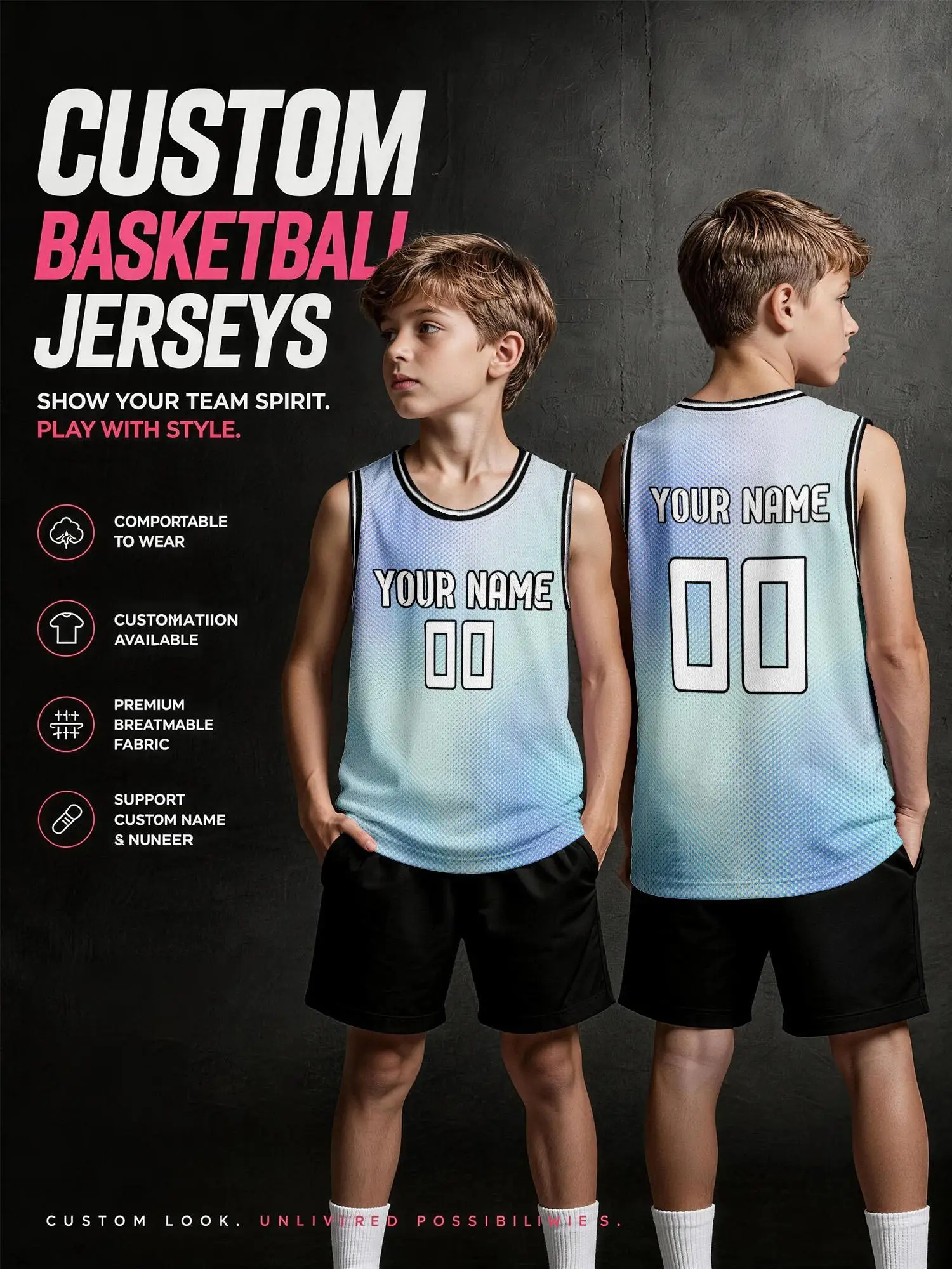 Light Cyan‑Blue Gradient Custom Kids Basketball Jersey, Breathable Mesh Tank With Personalized Logo‑Print