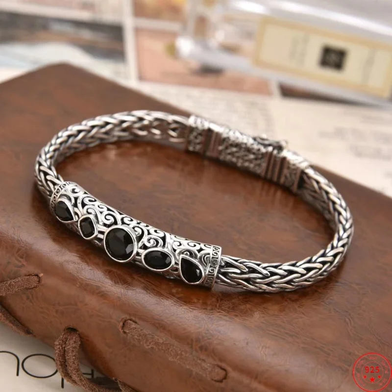 

BOCAI S925 Sterling Silver Bracelets for Women Men New Fashion Ancient Pattern Horsewhip-chain Irregular Zircon Free Shipping