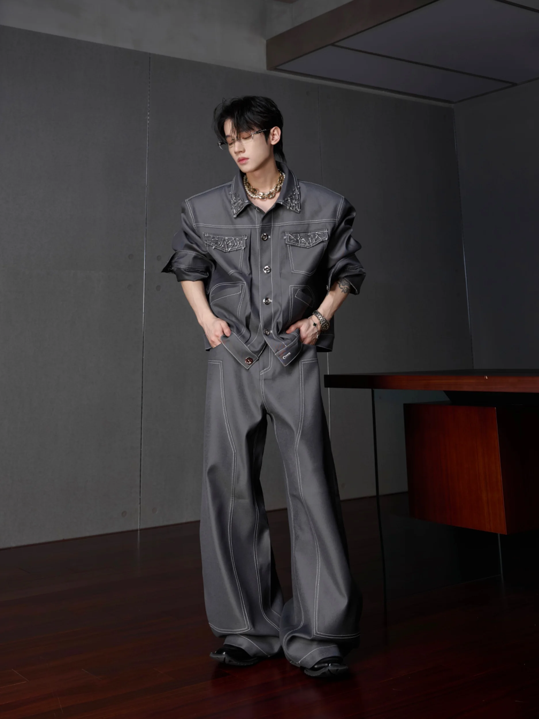 Men's 2025 Autumn New Two-piece Sets Male Chic Handmade Pin Design Long-sleeve Jackets Cotton Trousers 2pcs High-end Men's Sets