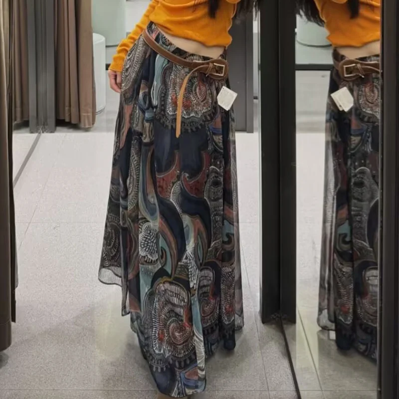2025 New Autumn Skirts Women's Fashion Retro Print Elegant Long Women's Skirts Chic Young Joker Autumn Holiday Street Skirts