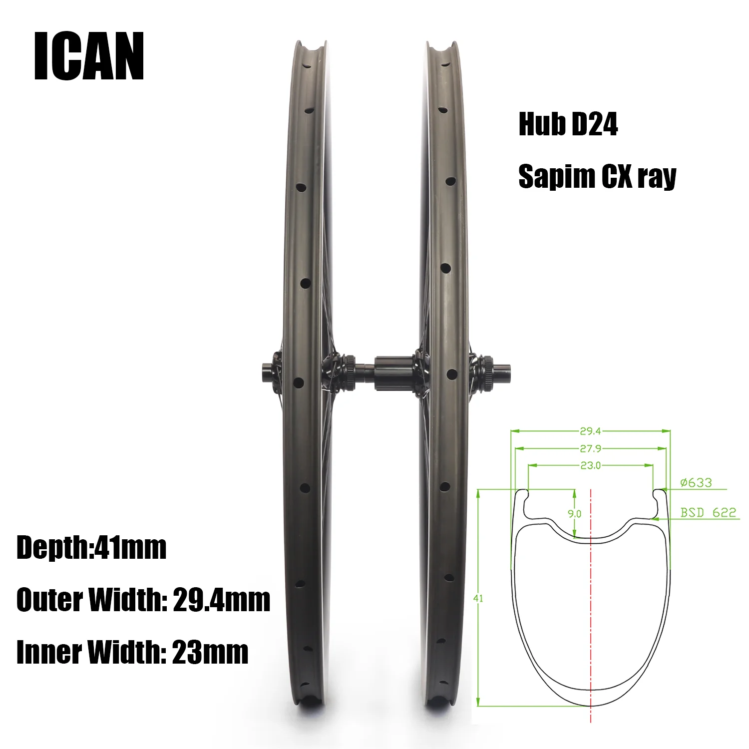 

ICAN Superlight Depth 41mm Outer Width 29.4mm Inner Width 23mm Disc Carbon Wheelsets Add Hub D24 Includes Sapim Spokes UD Matte