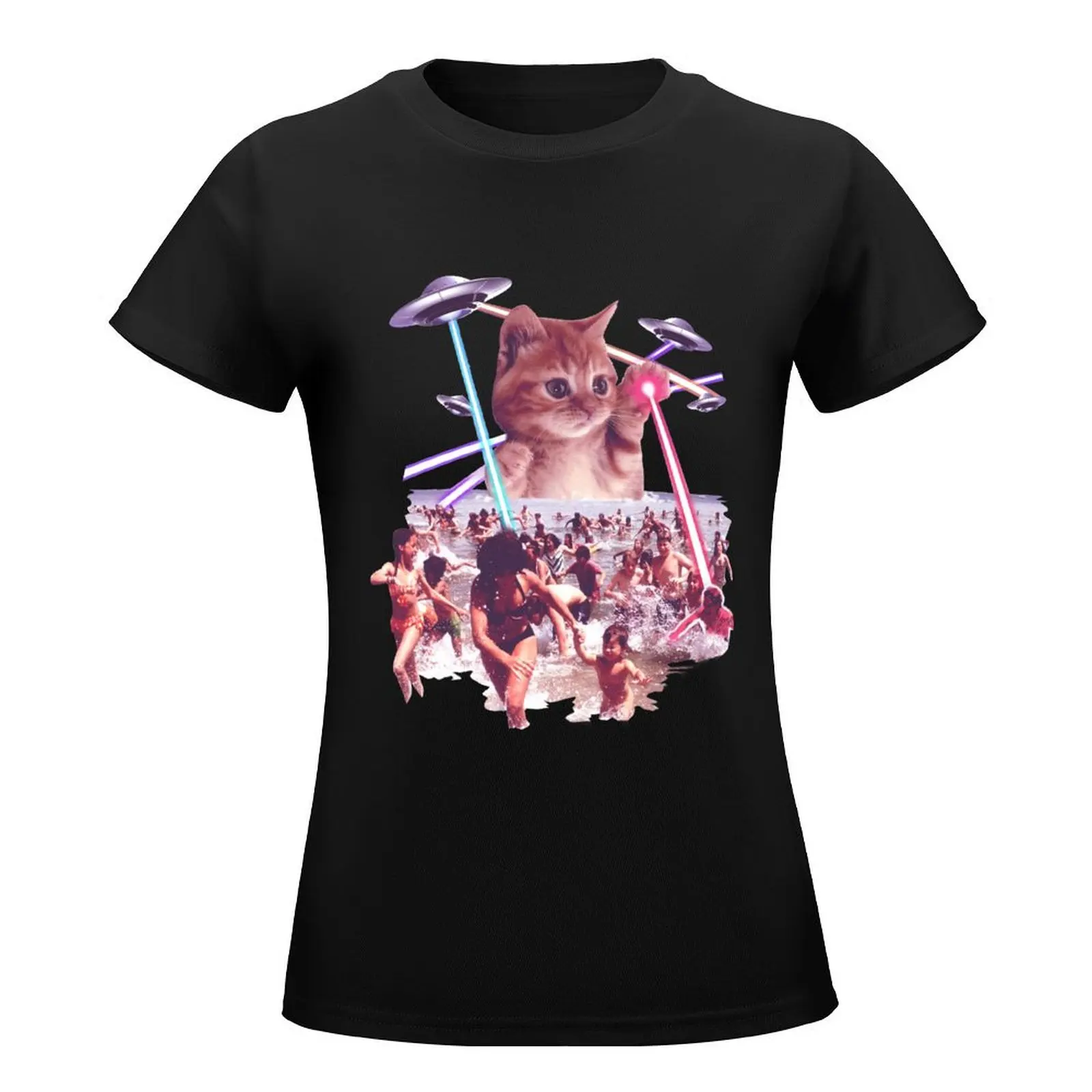 Alien Ufo cat attack from Mars space galaxy T-Shirt summer clothes graphics Short sleeve tee Women's summer blouses 2024