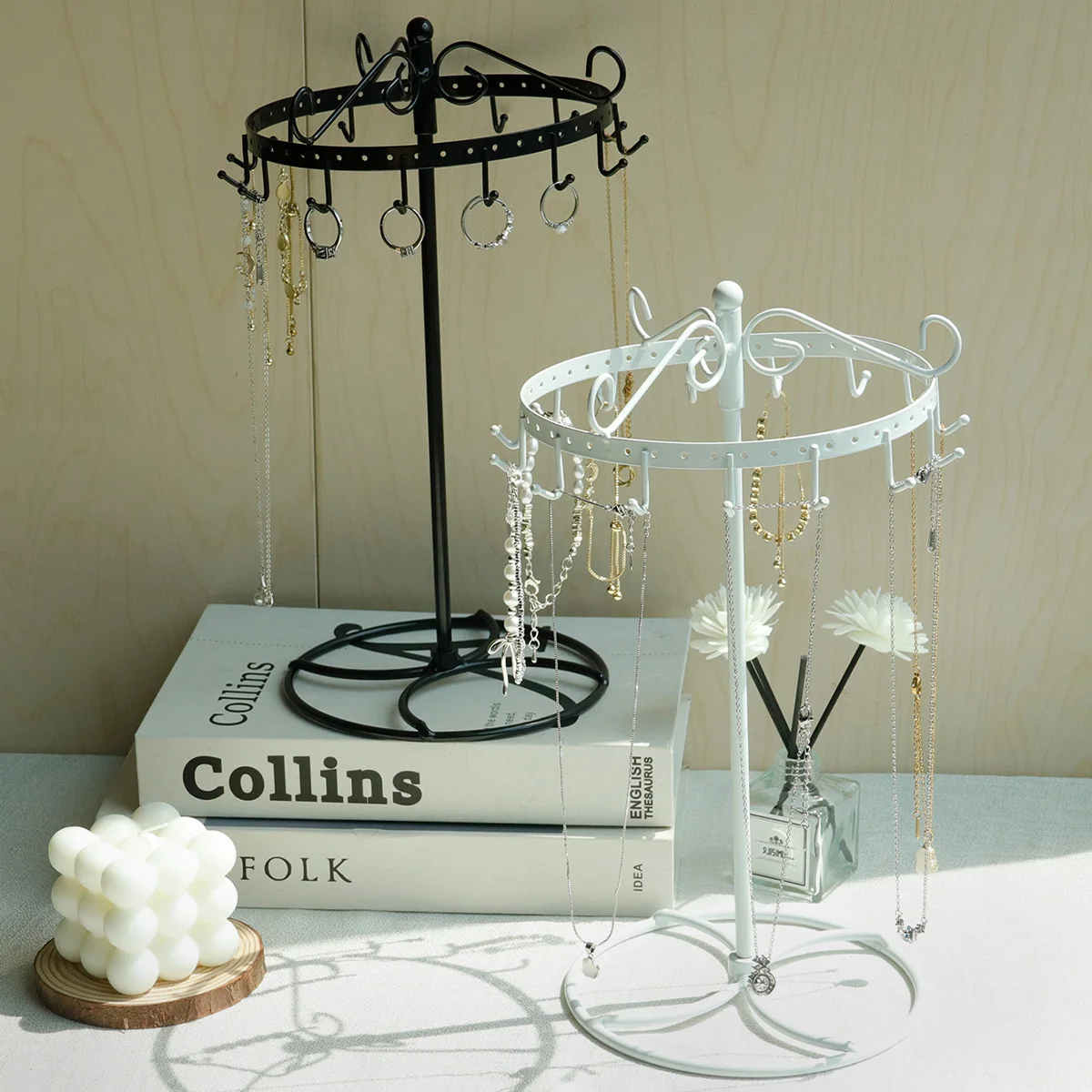 

Rotating Jewelry Display Stand Round Metal Necklace Organizer For Hanging Earrings Rings Bracelets Watches Accessories