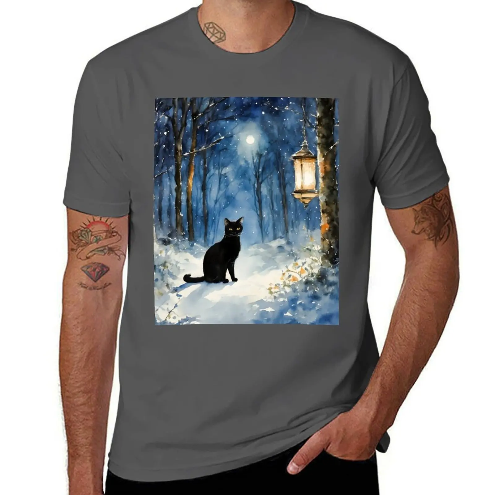 

Midnight Black Cat in a Winter Forest at Twilight T-Shirt t shirts cotton 100% T-Shirt